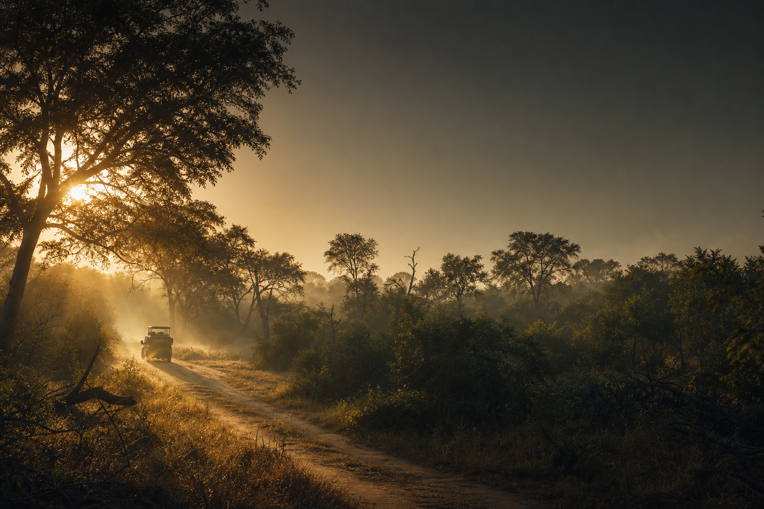 Safari jeep driving through Sri Lankan forest at dawn