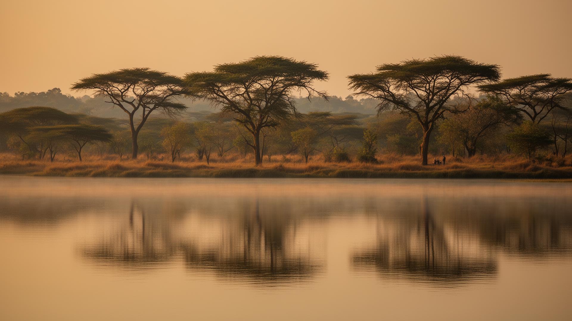 Mist over a villu lake in Wilpattu National Park at dawn